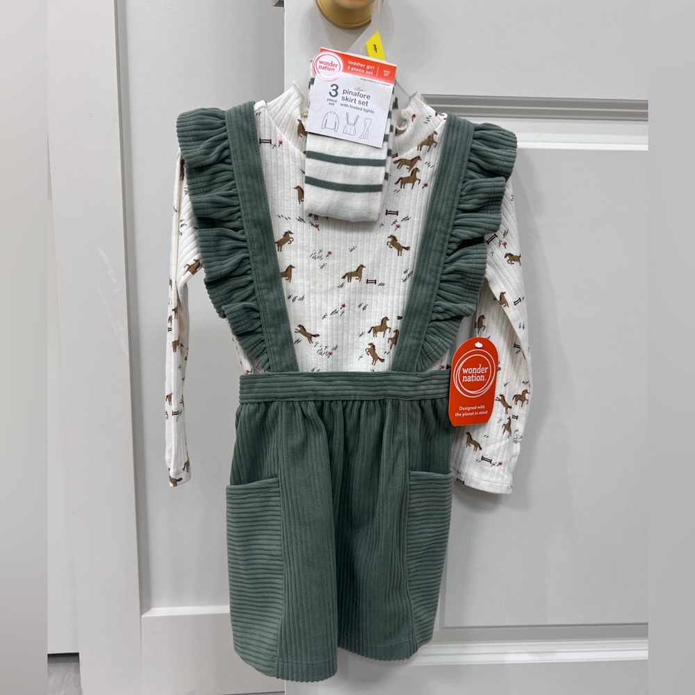 Wonder Nation Green Pinafore with Horse Print Top